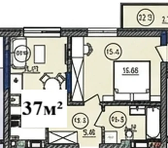 Планування: 1-кімнатна квартира 37 м², ЖК «Щедрик»