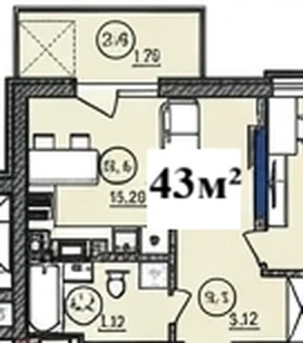 Планування: 1-кімнатна квартира 43 м², ЖК «Щедрик»