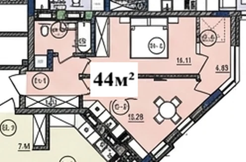 Планування: 1-кімнатна квартира 44 м², ЖК «Щедрик»