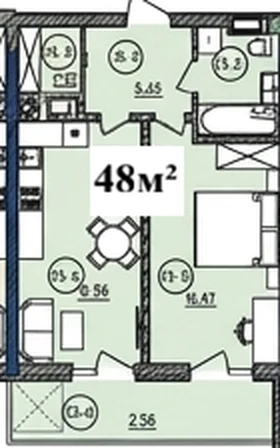 Планування: 1-кімнатна квартира 48 м², ЖК «Щедрик»